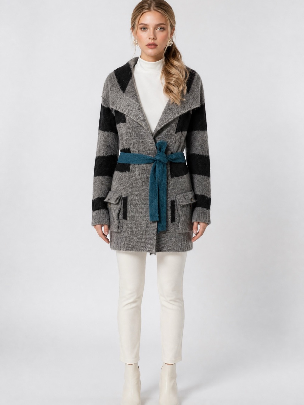 Hooded Striped Knit Cardigan Sweater - Gray/Black with Teal Belt
